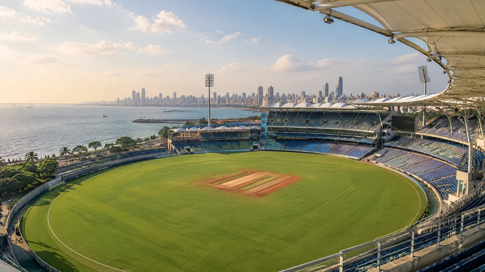 Wankhede Stadium in Mumbai with the city skyline beyond