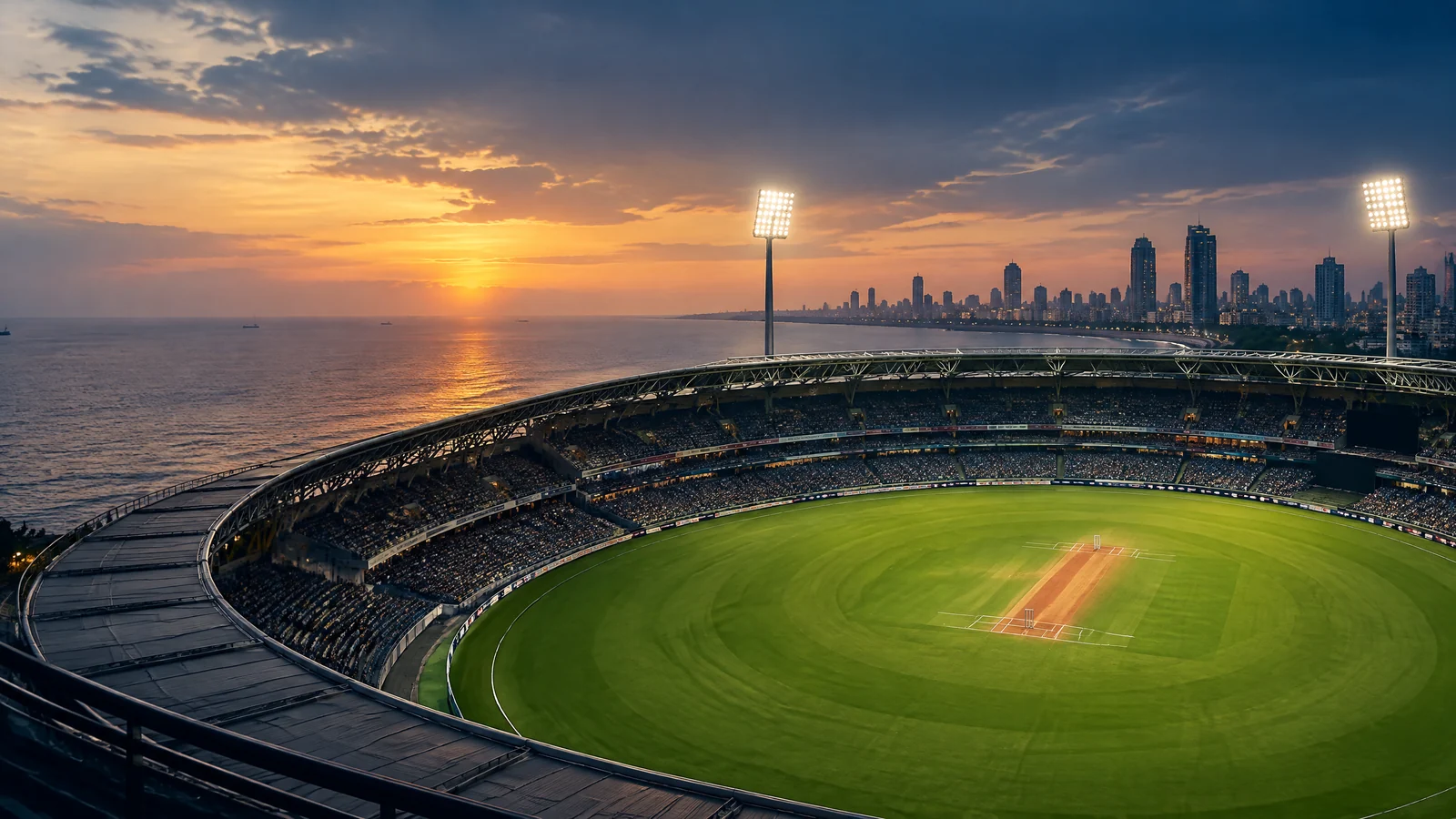 Floodlit Wankhede Stadium in Mumbai prepared for a cricket match