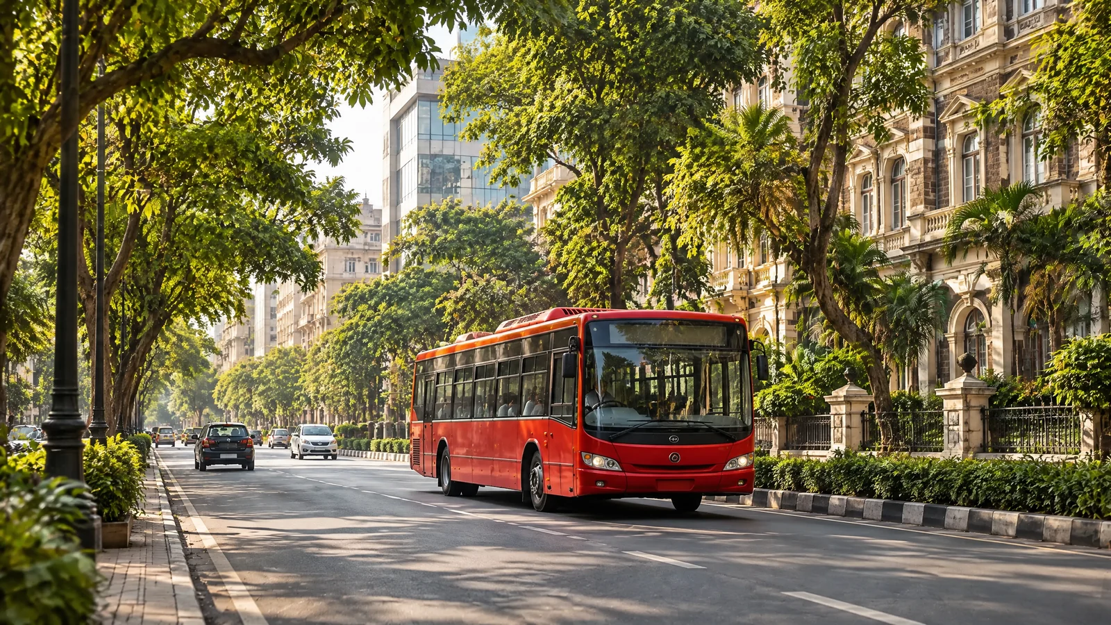 Red city bus travelling through the Churchgate area of Mumbai