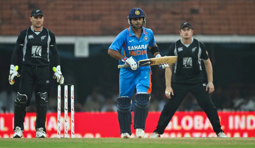 Virat Kohli batting in 2010; archival illustration of batting adaptability